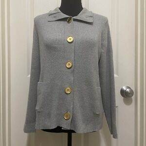 Charter‎ Club Ribbed Knit Cardigan Sweater Gray Gold Button Cotton Blend X-Large